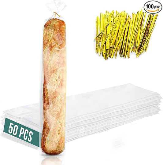 Plastic Bread Bags for Homemade Bread (6x28 inch)- Clear Baguette Bag with Ties For An Airtight Moisture-free Preservation and Storage