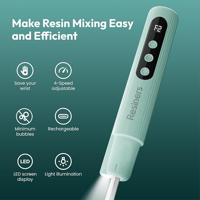 Resiners Airflow Resin Mixer, Handheld Epoxy Mixer with Silicone Paddles & Lighting, 4 Speeds, LED Screen, Minimum Bubbles, Easy Clean, Electric Stirrer Tool for Epoxy Resin, Silicone, Paint Mixing