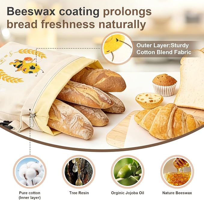 Beeswax Bread Bags,XL Reusable Linen Cotton Sourdough Bread Bag with Sealing Zip for Homemade Bread to Keep Fresh, 2 Pack
