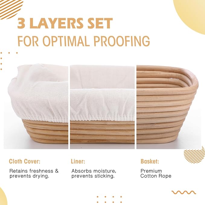 Nuogo 4 Pieces 10 Inch Bread Banneton Proofing Basket Rattan Banneton Dough Proofing Bowls with Liners and Scatters for Home Sourdough Baking (Rectangle)