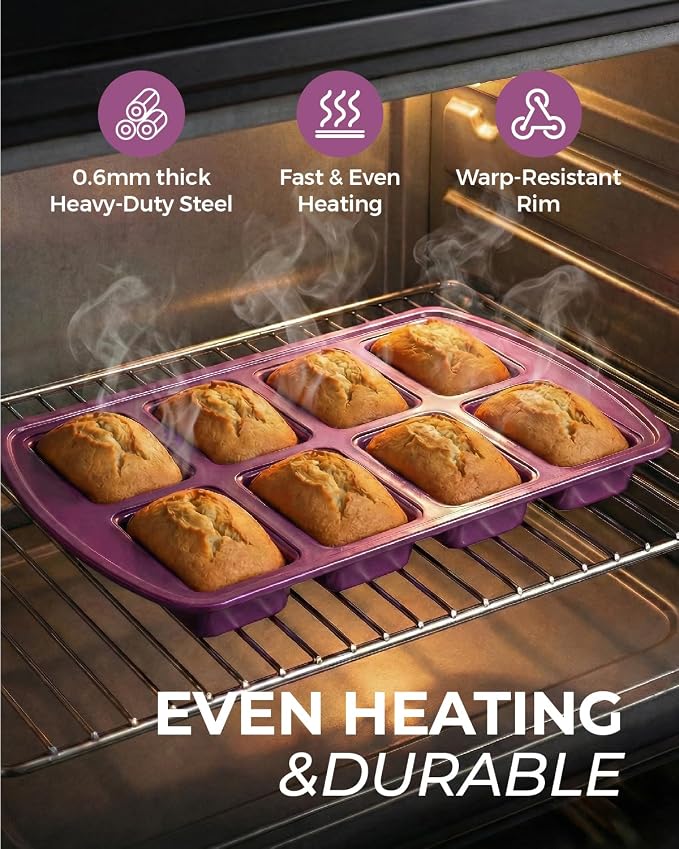 CARTMAN 2-Pack 8-Cavity Mini Loaf Pans Set with Spatula & Brush – 15.5” x 10” Nonstick Carbon Steel Small Bread Pan for Banana Bread, Meatloaf & Keto Snacks Plum Purple