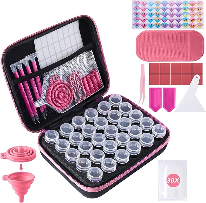 LYMUSUMI 30 Slots Diamond Art Storage Containers for Adults Portable Bead Storage Boxes for Diamond Painting Accessories and Tools（Pink）
