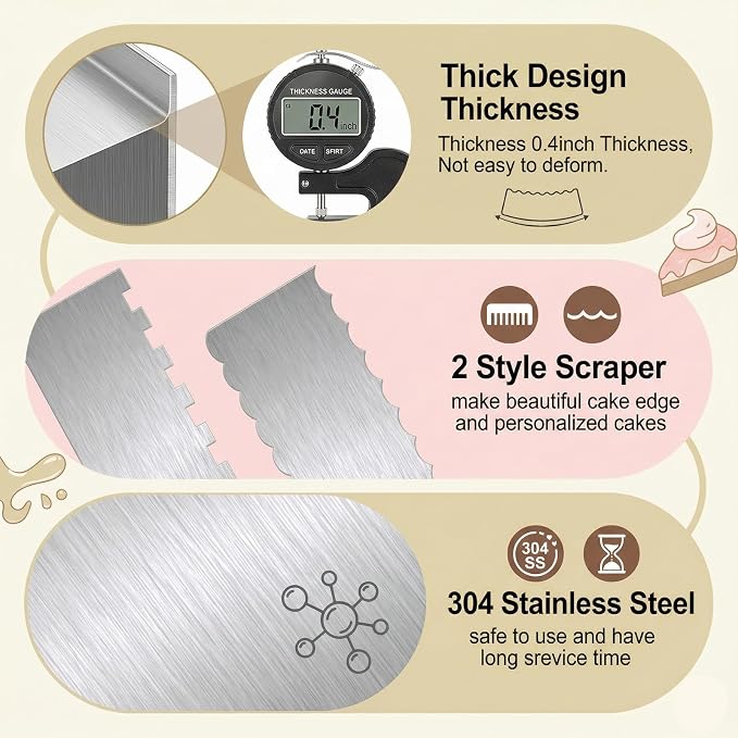 JJUNW 2 Pcs Stainless Steel Cake Scraper, Cake Scrapers Smoother Alisador De Pasteles, Double Sided Patterned Edge Stripe Smoother Scrapers For Butter Mousse Cream Decoration