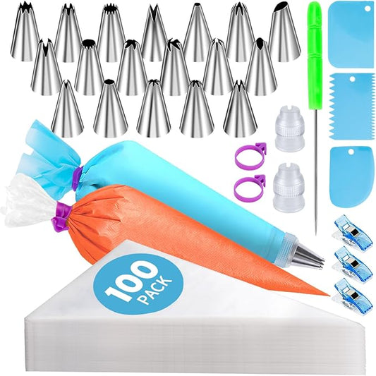 130 Pcs Piping Bags and Tips Set, Cakes Decorating Kit Supplies with 100 Pcs 12 Inch Piping Bags, 1 Reusable Pastry Bags, 18 Tips, 2 Couplers, 2 Bags Ties, 3 Clips, 1 Scriber Needle, 3 Cake Scraper