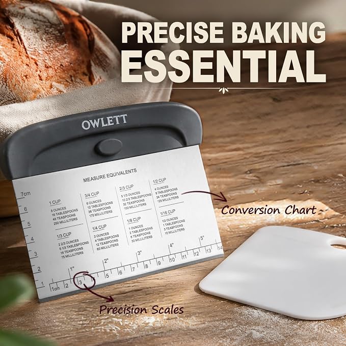 2 PCS Dough Scraper, Stainless Steel Bench Scraper with Dual Measuring Scale & Conversion Chart, Bowl Scraper Dough Cutter, Kitchen Scraper for Baking Pastry Bread Pizza Cake, Recessed Storage