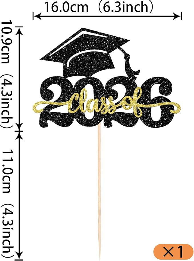 1 Pack Class of 2026 Cake Topper Glitter Congrats Grad Cap 2026 Graduation Cake Pick for 2026 Graduation Theme High School Boys Girls Graduate Party Cake Decorations Supplies Black Gold