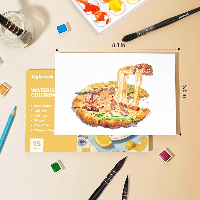 Lightwish Watercolor Coloring Book for Adults & Beginners,100% Cotton 300gsm/140lb Acid-Free Cold Press Paper, 8.3 x 5.6 Inches,15 Sheets,Food-Themed