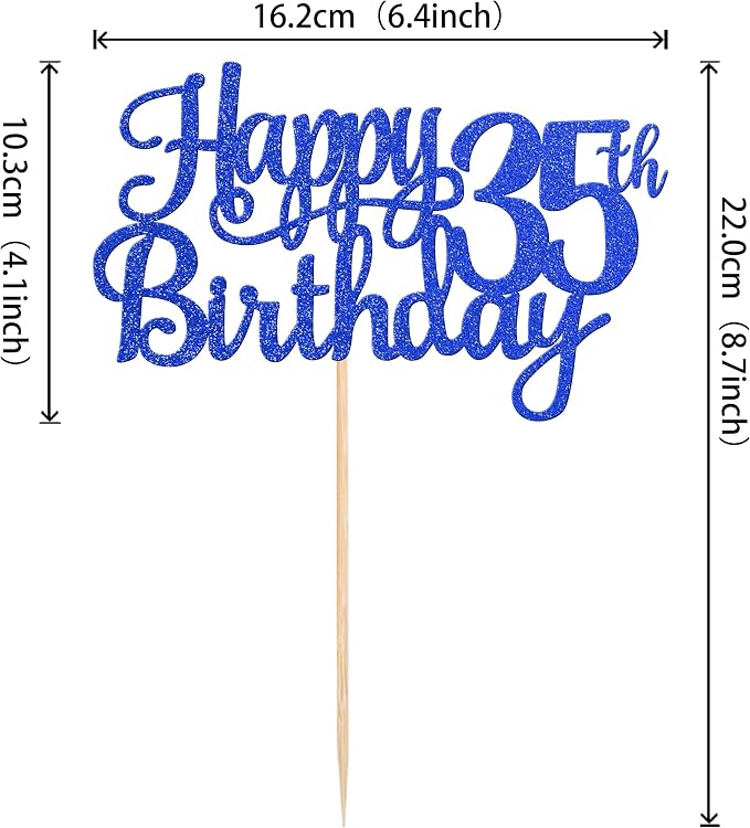 1 PCS Happy 35th Birthday Cake Topper Glitter Cheers to 35 Years Birthday Cake Pick Thirty Five 35 Fabulous Cake Decoration for Happy 35th Birthday Theme Party Decorations Supplies Blue