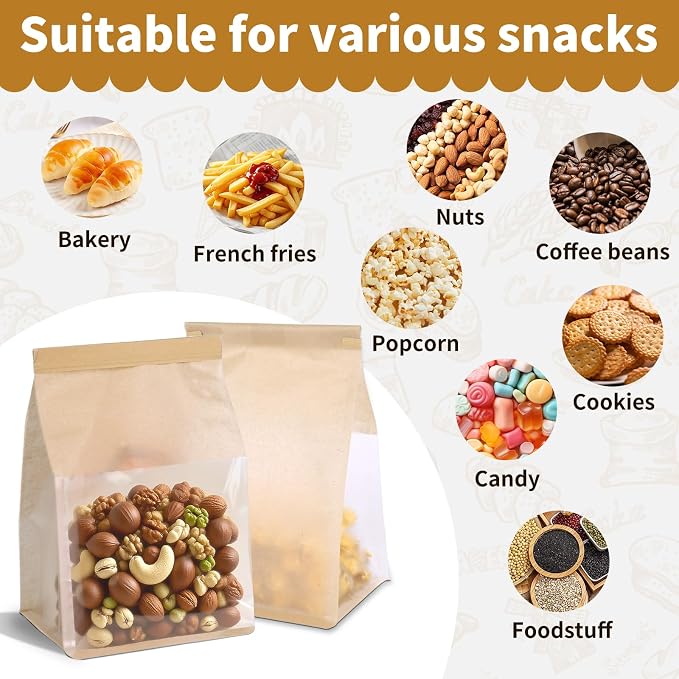100 Pack Bread Bags with Tin Tie，Small Bakery Bags with Clear Window，Bagel Bags，Cookie Bag for Bakery, Homemade Bread，Popcorn，Cookies，Coffee Bean