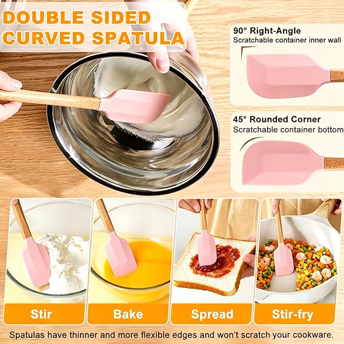 Silicone Spatula Set - 7 Piece Food Grade Rubber Spatula, Heat Resistant Up to 600°F, Wooden Handle Kitchen Utensils Set for Cooking, Baking & Mixing, Jar, Non-Stick Silicone Utensil Pink