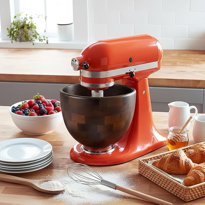 5 Quart Natural Wooden Mixing Bowl, Compatible with KitchenAid 4.5-5 Qt Tilt-Head Stand Mixers, Handcrafted Solid Wood Bowl with Stainless Steel Locking Base, Aesthetic Replacement