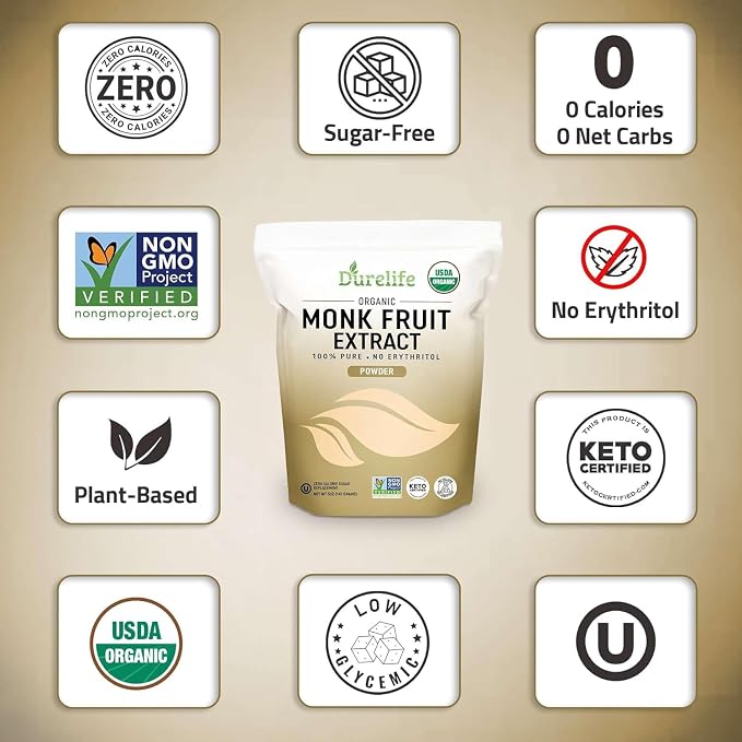 DureLife Organic 100% Pure Monk Fruit Sweetener, No Erythritol, 15 Oz | Zero Calorie Sugar Substitute, No Fillers, Keto Certified, OU Kosher, USDA Organic, Non-GMO Project Verified