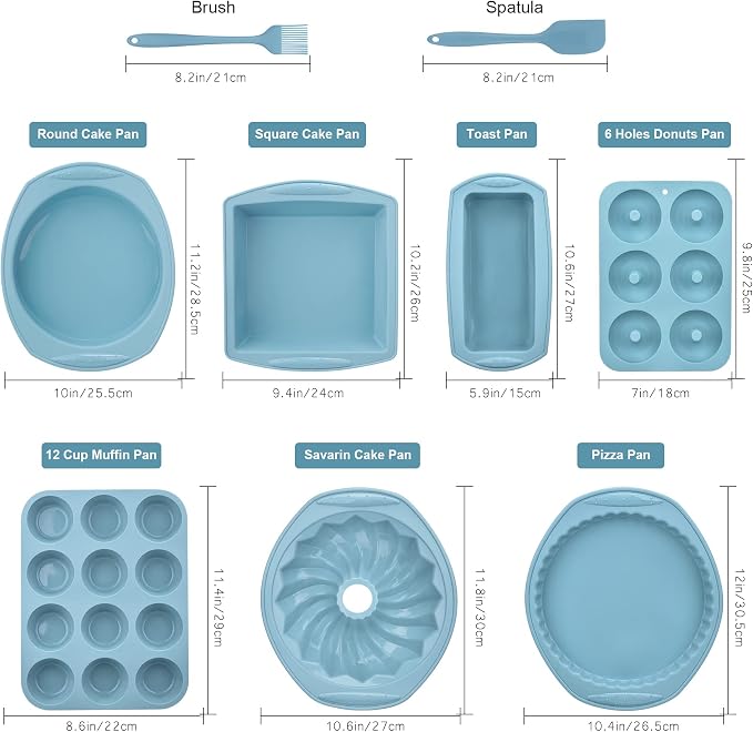 Nonstick Silicone Baking Mat Set, 9-in-1 Heat Resistant Cookie Sheet & Cake Pan Molds for Muffin, Loaf, Pizza, Cheesecake, Cupcake, Pie - Oven Bakeware Tools Kit