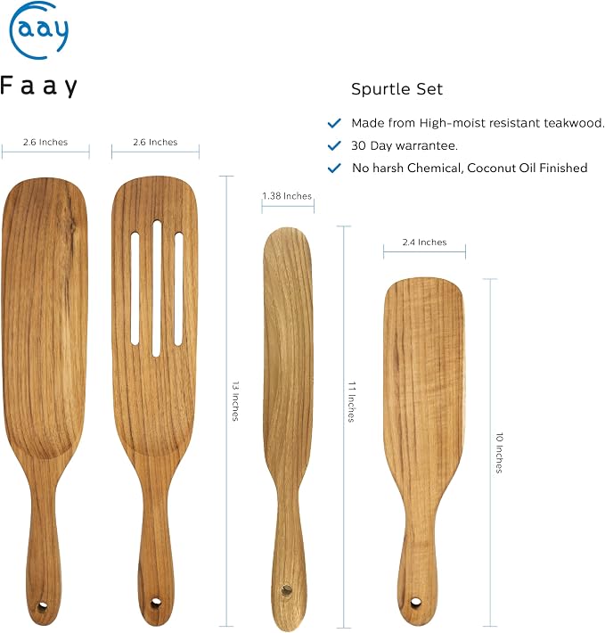 FAAY Teak Spurtle Set, 4 Handmade Wooden Utensils | Premium Thai Teak, Non-Scratch, Moisture-Resistant | Skinny, Medium, Solid & Slotted Spurtles for Mixing, Stirring, Batter & Jars