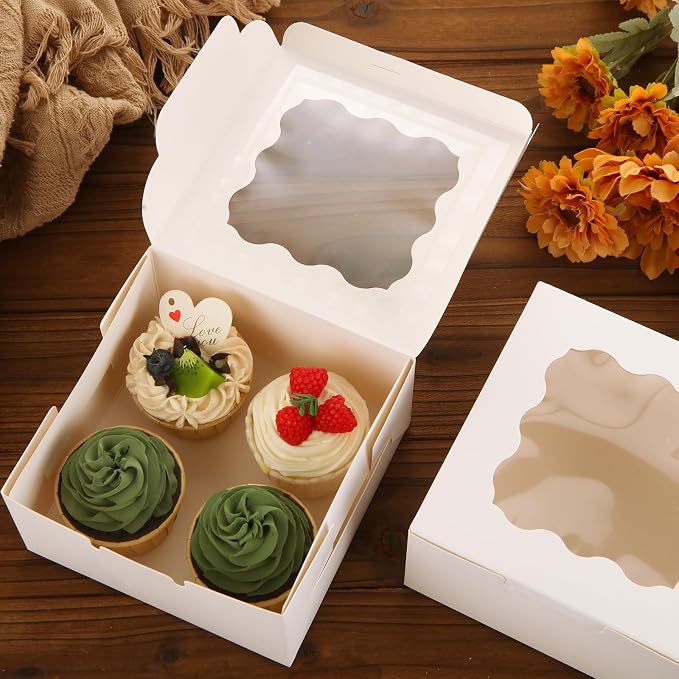 YAYODS 100 Pack Cookie Boxes 6x6x3 Inches Bakery Boxes with Window, White Treat Box with Stickers for Desserts, Pastry, Small Donut, Individual Cupcakes, Baked Goods