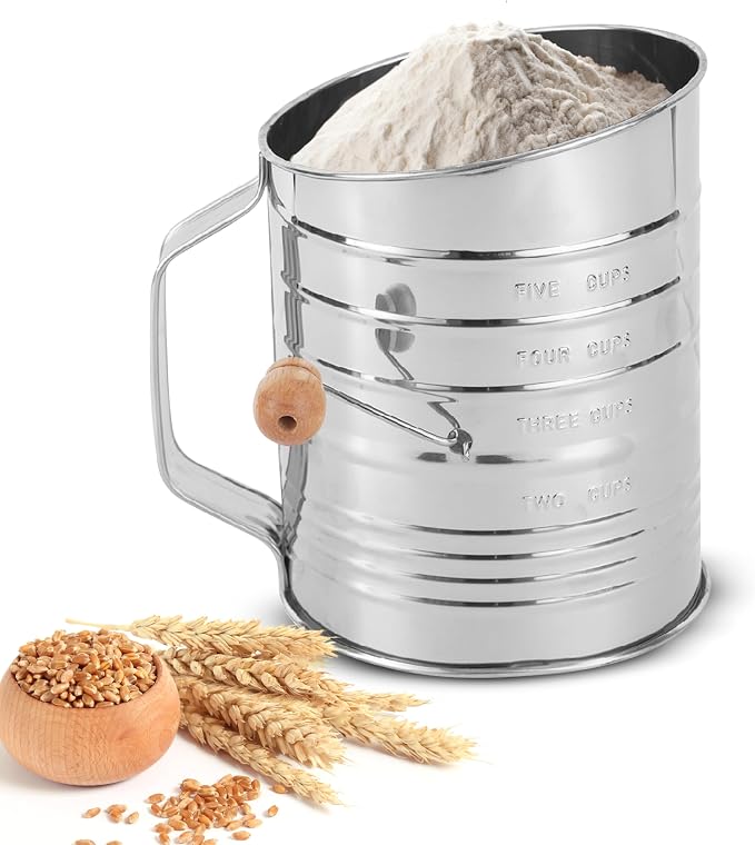 Flour Sifter For Baking, Fine Mesh Hand Crank Flour Sifter With 2 Wire Agitator Loop for Baking Stainless Steel Sifter Powdered Sugar, Large Flour Sifter, Tools (5 Cup Wooden)