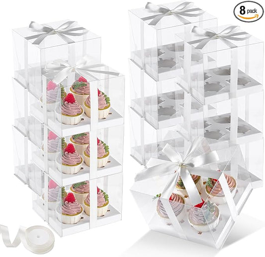JCD 8 Pack Clear Cupcake Boxes, 4 Count Cupcake Containers with Gift Ribbon,5.3inches height Plastic Cupcake Carrier Holder for Treat Dessert Cookies Muffins Pastry Baby Shower Party (4count/8pcs)
