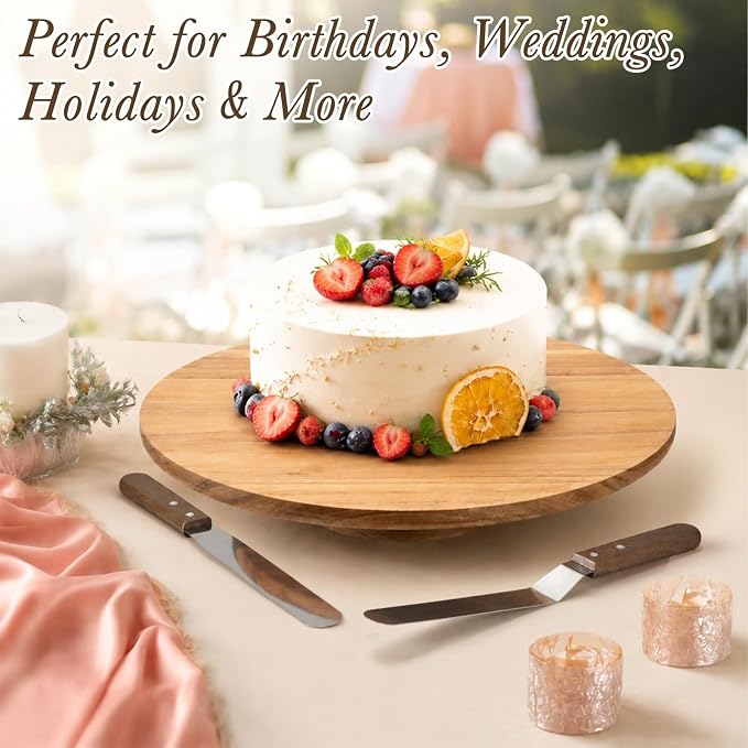 Gisafai 16 Inch Acacia Rotating Cake Stand Rustic Wood Pedestal Stands Turntable with 2 Icing Spatulas 3 Smoothers Wooden Cupcake Dessert Display for Wedding Party Decoration