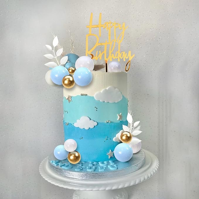 Blue Balls Cake Topper Boho Grass Cake Topper Blue White Gold Pearl Balls Happy Birthday Cake Decorations for Wedding Birthday Boho Themed Supplies (Blue)