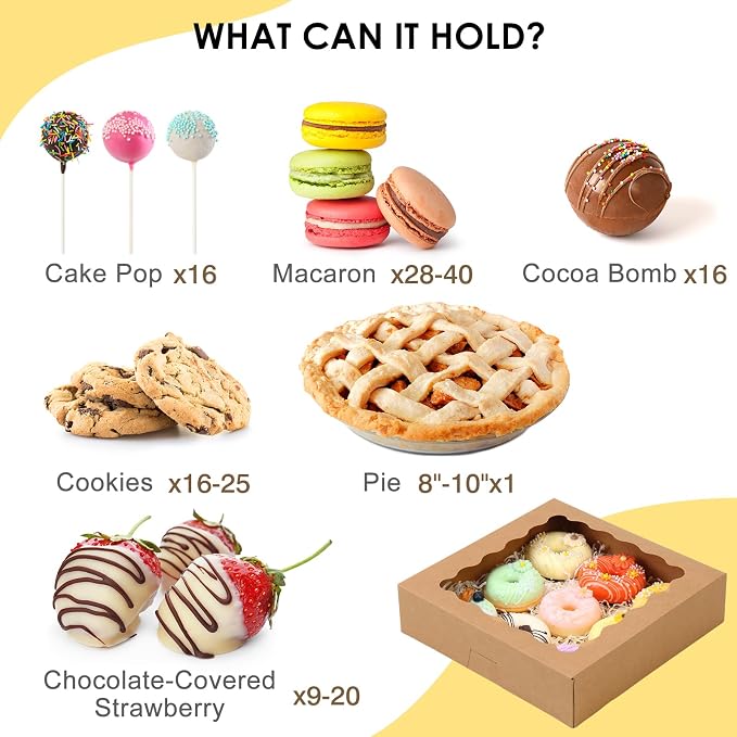 TOMNK 60pcs 10x10x2.5 Pie Boxes Auto-Popup Bakery Boxes with Window, Cookie Boxes for Pies, Treat Boxes Dessert Boxes for Pizza, Strawberries, Chocolate, Pastries, Muffins and Donuts