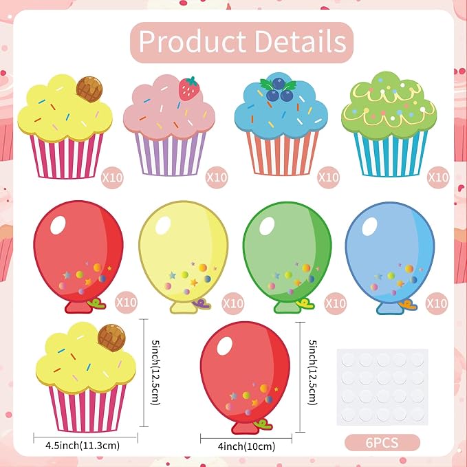 Vuzvuv 80Pcs 5In Cup Cake and Balloon Paper Cutouts with 160Pcs Glue Points,Cup Cake and Balloon Cut Outs Bulletin Board Decorations for Birthday Party Theme Decor Supplies