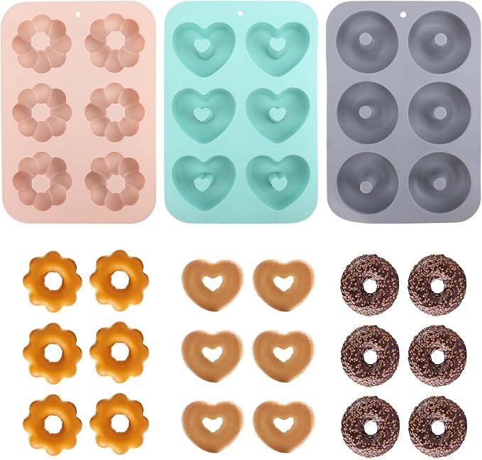 3pcs Silicone Donut Molds for Baking, Flower Round Heart Silicone Donut Maker Pan Set Easy to Demold 6 Cavities Doughnut Mould Baking Trays Supplies for Donuts Bagels Muffins Cakes Biscuit