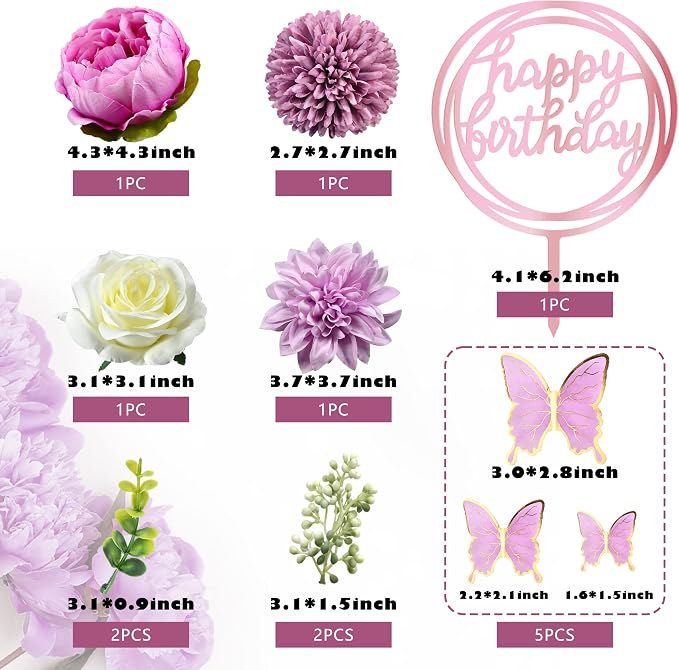 14 PCS Butterfly Cake Toppers Happy Birthday Cake Decorations with Artificial Purple Flowers Eucalyptus Butterflies for Girls Birthday Party Wedding Baby Shower Supplies (Purple)