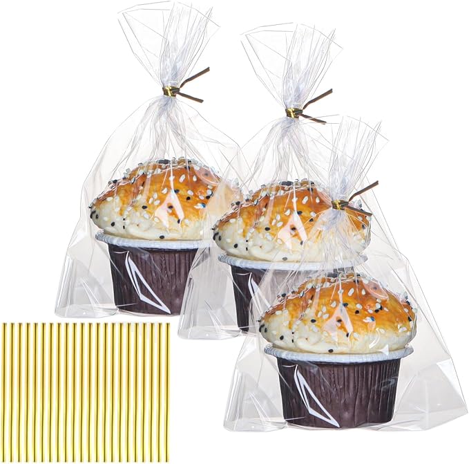 200 Pack 5"×2"x6.5" Cellophane Muffin Bags with Gold Twist Ties & Flat Bottom Food Safe Bakery Packaging for Cupcakes, Brownies, Cookies, Macarons Perfect for Party Favors & Catering