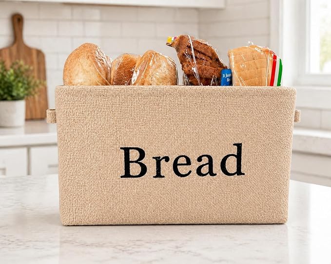 Bread Storage Bin- Burlap basket for keeping Bread, Rolls and other items for Kitchen Counter or Pantry