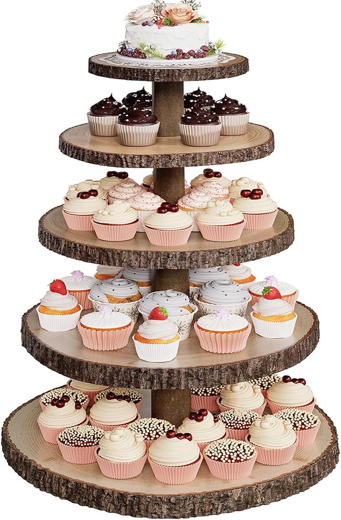 SANYOUNG Wood Cupcake Stand, 5 Tier Wooden Cupcake Tower, Large Rustic Cake Display Holder Stand for Woodland Baby Shower, Wedding, Birthday, Tea Party, Farmhouse Dessert Table Decorations