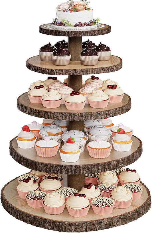 SANYOUNG Wood Cupcake Stand, 5 Tier Wooden Cupcake Tower, Large Rustic Cake Display Holder Stand for Woodland Baby Shower, Wedding, Birthday, Tea Party, Farmhouse Dessert Table Decorations