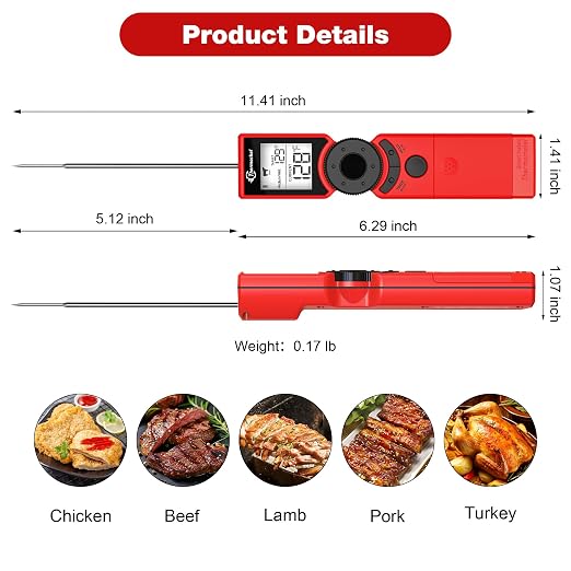 Meat Thermometer Digital Instant Read for Grilling, High Accuracy ±1% ℉, Backlit Screen with Auto Wake/Sleep, Food Doneness Guide Thermometer for Cooking, BBQ Beef Birthday Gifts Red