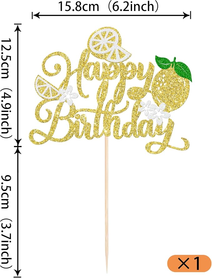 Rsstarxi 1 Pack Happy Birthday Cake Topper Glitter Yellow Lemon Cake Pick for Baby Shower Birthday Anniversary Party Cake Decorations Supplies