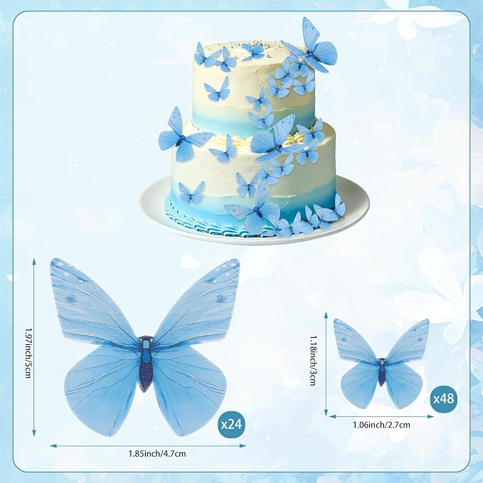 72PCS Edible Butterfly Cake Decorations Edible Butterfly Cake Topper Edibles Blue Paper Butterflies Cupcake Toppers for Wedding Spring Tea Party Flower & Butterflies Themed Birthday Baby Shower