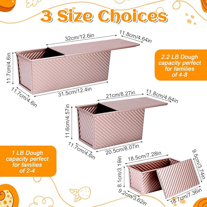 3 Pack Pullman Loaf Pan with Lid, 2.2LB/1LB/0.5LB Dough Capacity Non-Stick Sandwich Bread Pan, Carbon Steel Corrugated Toast Mold for Homemade Bread Baking (Golden)