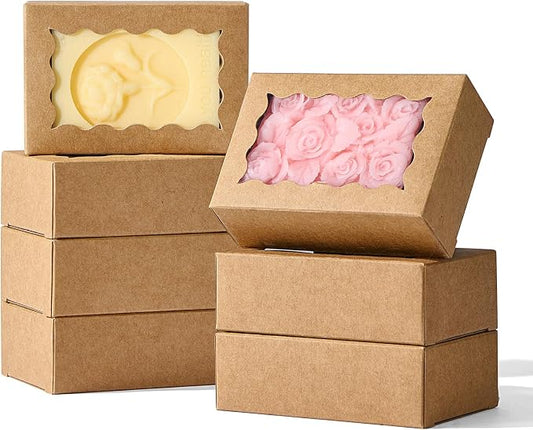 JCXGRVC 100PCS 3.5"x2.36"x1.2" Brown Soap Boxes with Window Homemade Soap Packaging, Small Gift Boxes for Bakery, Macarons, Cookies, Candies & Party Favors