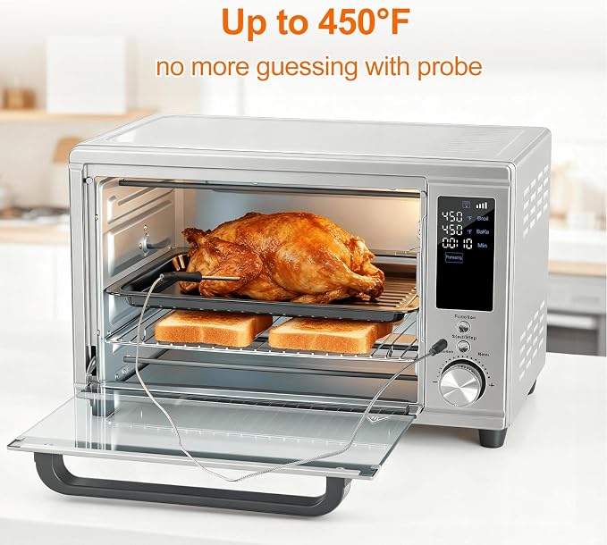 OLIXIS Toaster Oven Countertop, 29.6QT Air Fryer Toaster Oven Combo, 12-in-1 with Smart Probe, Broil, Bake, Toast & Specialized Presets, Temp Up to 450°F, 6 Accessories Included, Stainless Steel