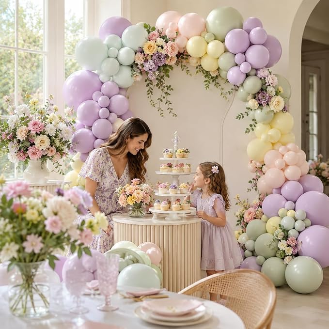 Pink Purple Green Balloon Arch Kit, 122Pcs Dusty Pink Light Green Macaron Yellow Pastel Balloons for Kids Girl Flower Party Decorations Spring Baby Shower Wedding Engagement Fairy Birthday Supplies
