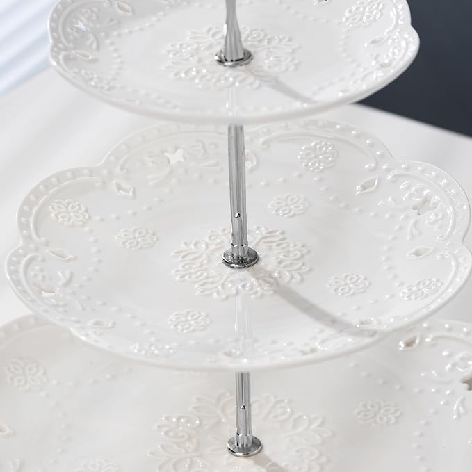 Cupcake Stand- Jusalpha 3-Tier White Porcelain Cake Stand Dessert Stand-Cupcake Stand-Tea Party Serving Platter, Comes in a Gift Box- Free Sugar Tong