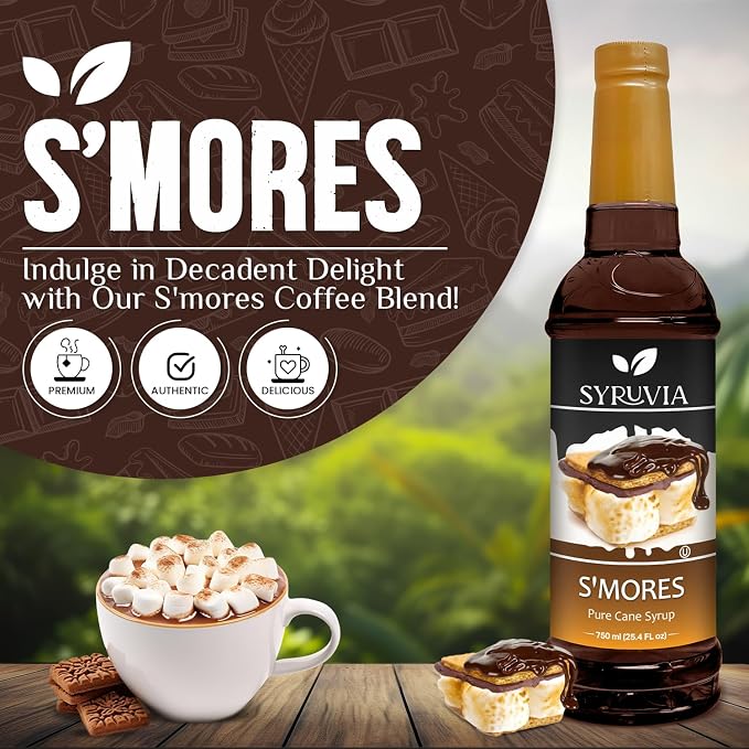 Syruvia Coffee Syrup, S'mores Flavored Syrup for Drinks, Lattes, and Desserts – 25.4 fl oz - with Pump