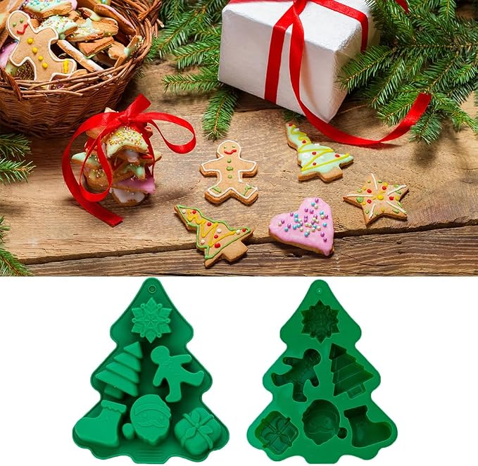 Silicone Cookies Biscuit Mold, Christmas Halloween Candy Mold, Reusable DIY Baking Mold Jelly Chocolate Mold, Ice Cube Tray Wax Melt Molds(Set of 2 Green Small Christmas Trees)