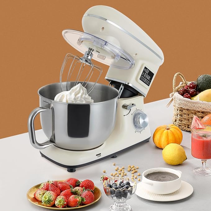 1350W Stand Mixer,6.5Qt Electric Kitchen Mixer,Dough Machine with LCD Display,Electric Food Mixer for Kitchens,Restaurants,Bakeries (Black) (1350, Watts) (White)