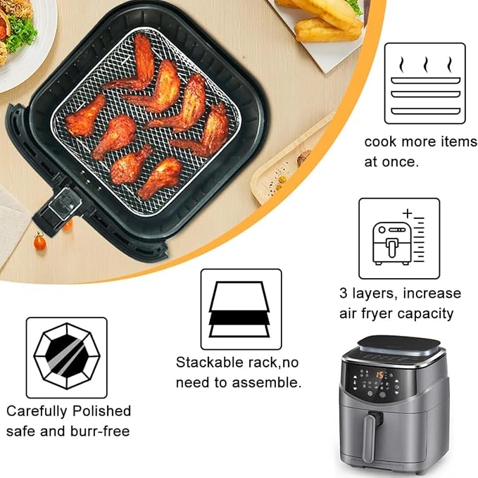 3 layer Square Air Fryer Rack, Stainless Steel Dehydrator, Air Stainless Steel Dehydrator Grill Enhanced Airflow Design Air Fryer Rack for Chicken Wings Vegetables Dual Cakes (Square Set)