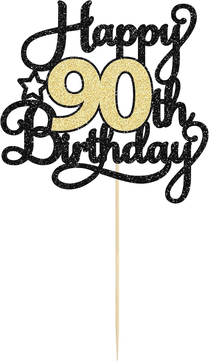 1Pc Happy 90th Birthday Cake Topper Black Gold Glitter Cheers to 90 Years Birthday Cake Pick 90 Fabulous Cake Decoration for Happy 90th Birthday Anniversary Party Cake Decorations Supplies
