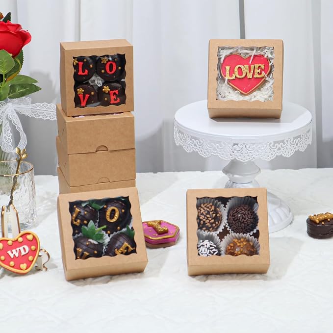 50-Count 4x4x2 inches Food-Safe Brown Bakery Boxes - Multi-Use Pastry & Treat Packaging for Cookies, Truffles & Wedding Favors (Small Gift Boxes for Cakes, Pies & Cinnamon Rolls)