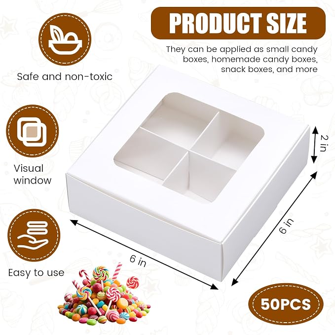 50 Pcs Kraft Treat Boxes with Window and Dividers, Empty Candy Truffle Baking Boxes, Square Cupcake Cookies Containers for Wedding Gift Giving (5.91 x 5.91 x 1.97 Inches,White)