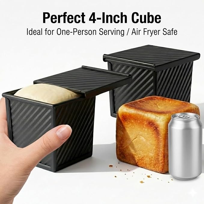 2-Pack Mini Pullman Loaf Pan with Lid, 4 Inch Nonstick Small Bread & Dessert Baking Pans, Mini Loaf Pans for Square Cakes, Pound Cake, Brownies & Individual Treats
