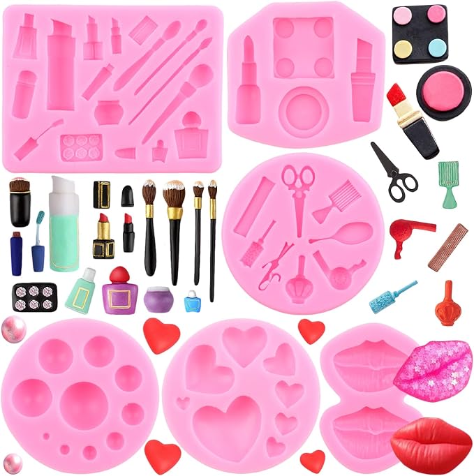ZiXiang Valentine's Day Fondant Molds Makeup Theme Silicone Mold Lips Hearts Silicone Candy Mold Kiss Lipstick Perfume Mold For Chocolate Cake Decorating Cupcake Topper Gum Paste Polymer Clay Set Of 6