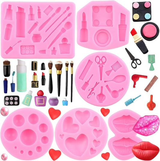 ZiXiang Valentine's Day Fondant Molds Makeup Theme Silicone Mold Lips Hearts Silicone Candy Mold Kiss Lipstick Perfume Mold For Chocolate Cake Decorating Cupcake Topper Gum Paste Polymer Clay Set Of 6