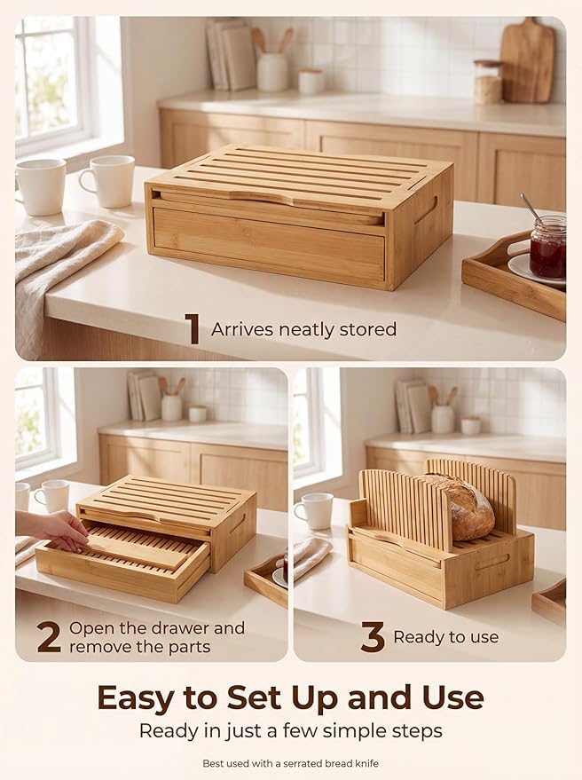 Natural Bamboo Bread Slicer, Bread Slicer Guide for Homemade Bread, Foldable Space-Saving Loaf Guide with Crumb Tray, Adjustable Thickness for Even Slices, Sturdy Cutter for Sourdough and Toast
